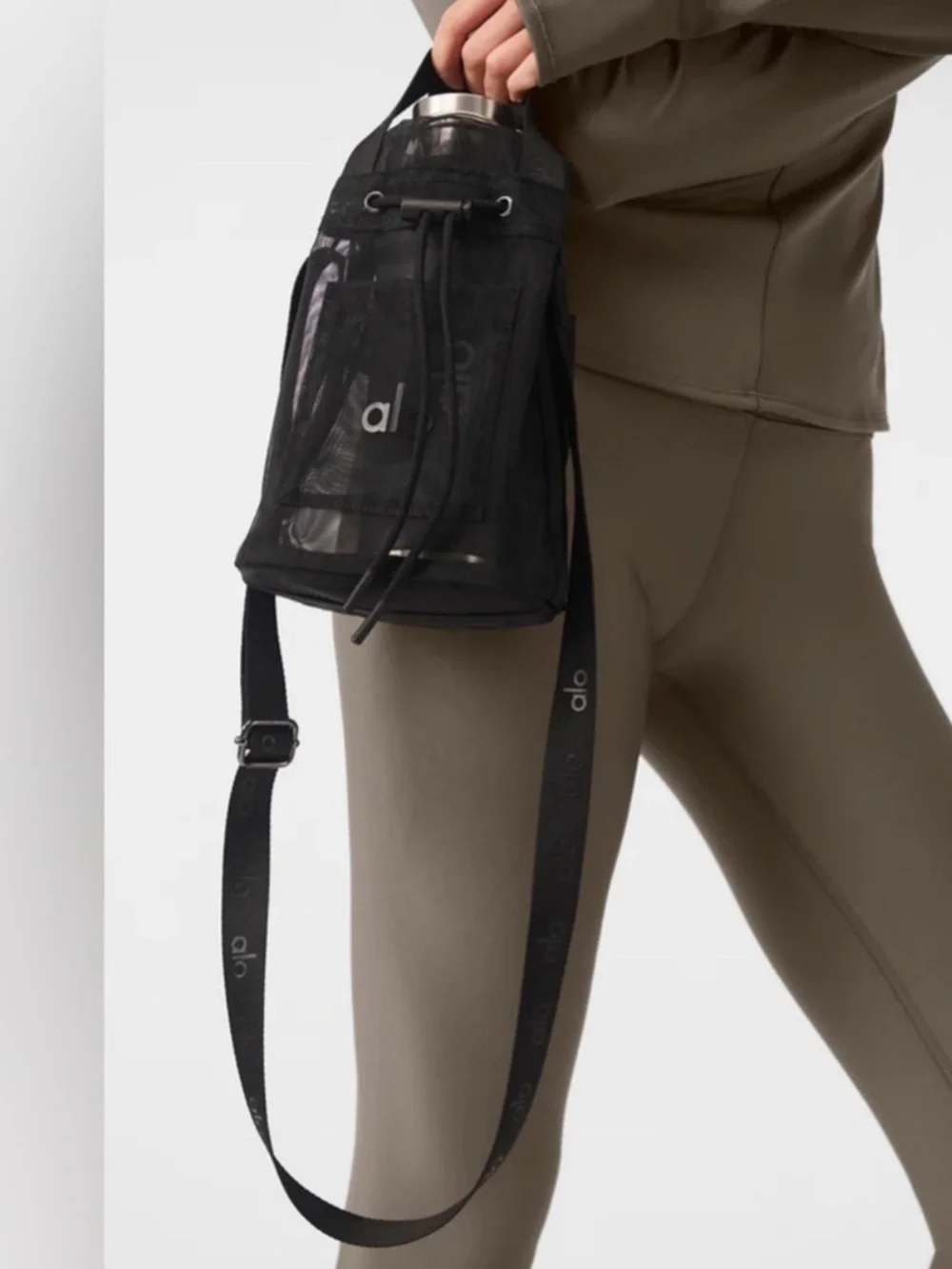 ALO Black Sheer Mesh Bucket Crossbody Bag with drawstring closure